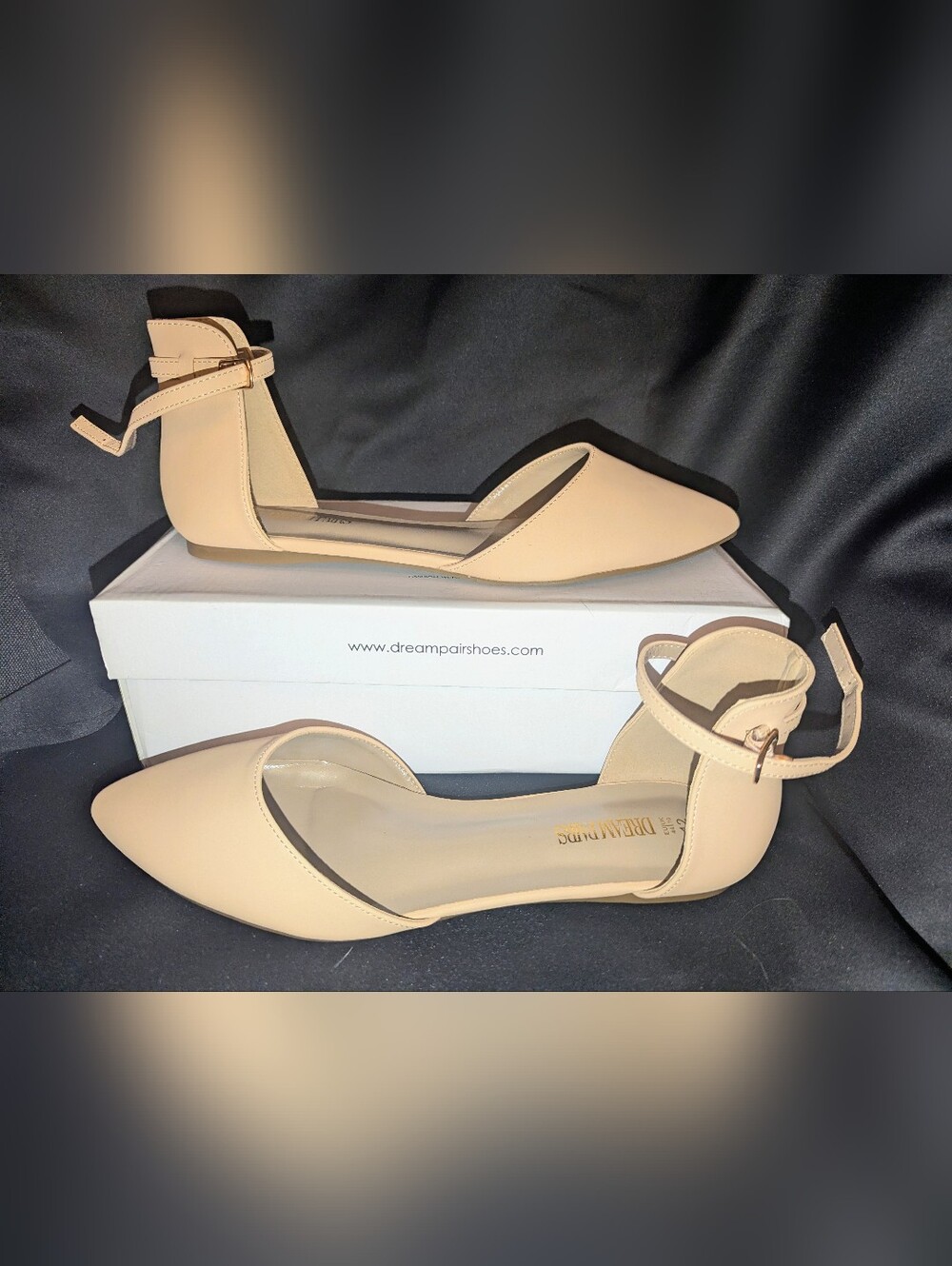 Pointed-Toe Ankle-Strap Flats in Beige